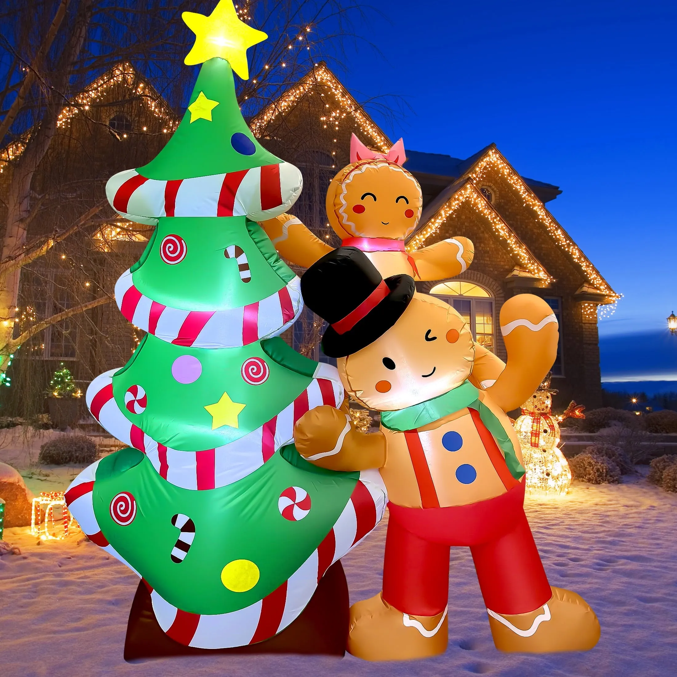 7FT Christmas Inflatables Outdoor Decorations, Blow Up Yard Decoration(Gingerbread Man & Christmas Tree)