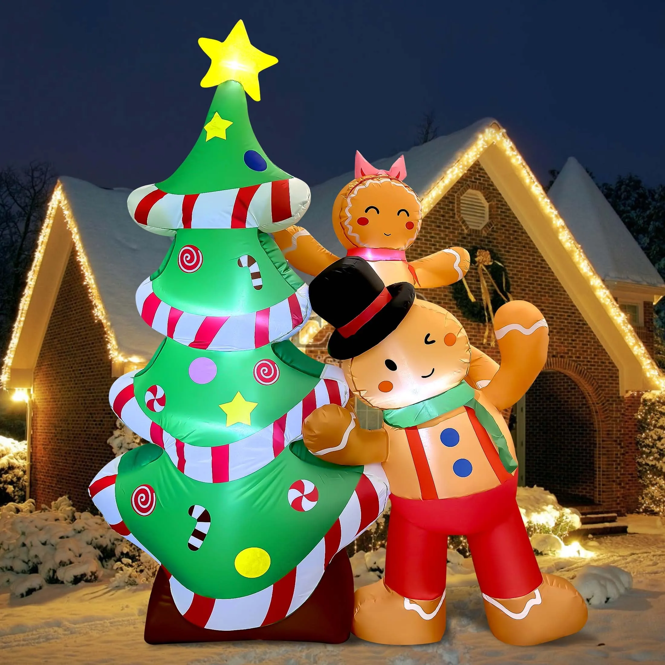 7FT Christmas Inflatables Outdoor Decorations, Blow Up Yard Decoration(Gingerbread Man & Christmas Tree)