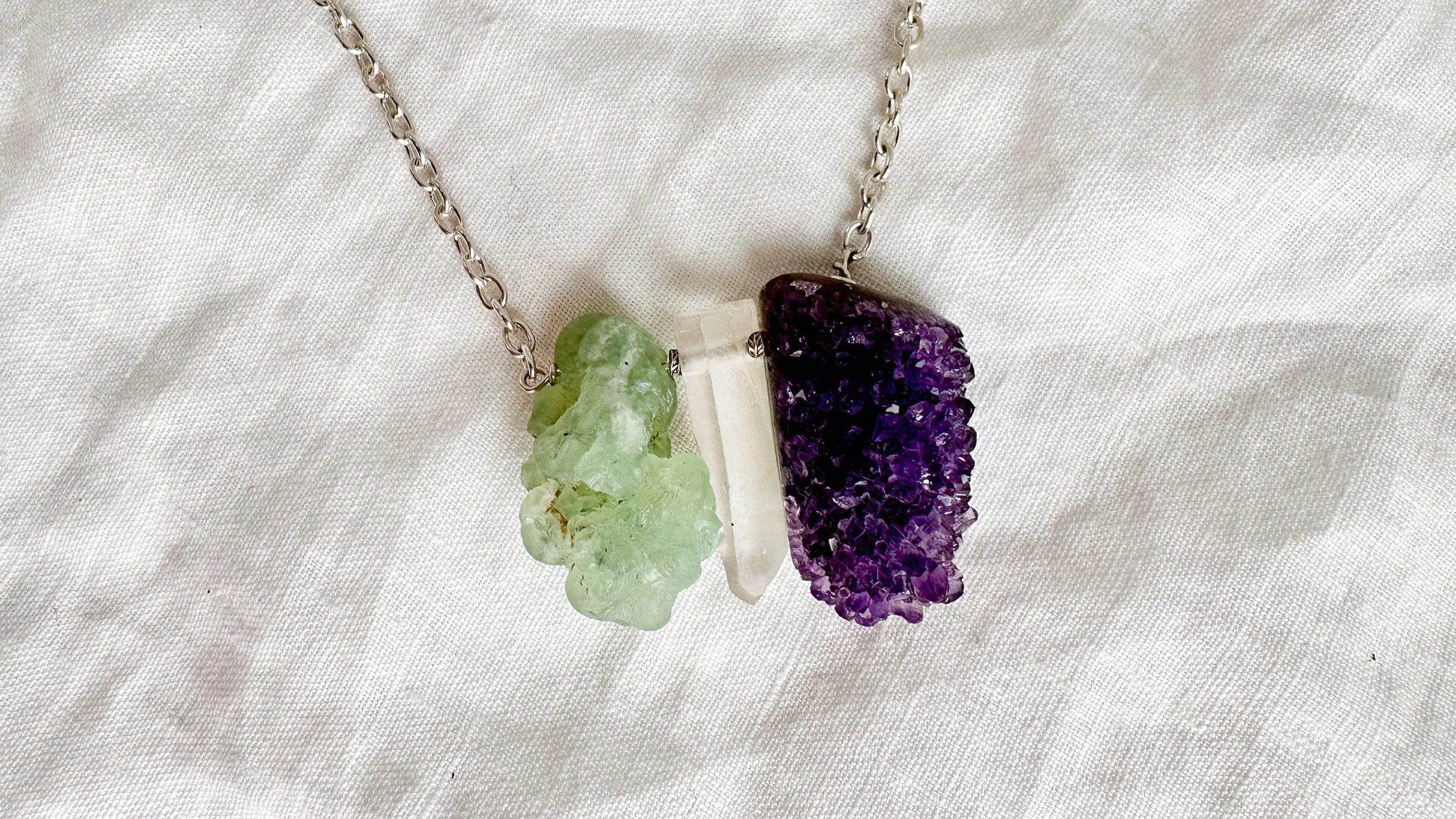 Amethyst Druzy, Prehnite & Quartz Crystal Necklace. Sterling Silver. Medicine Necklace. 1281.