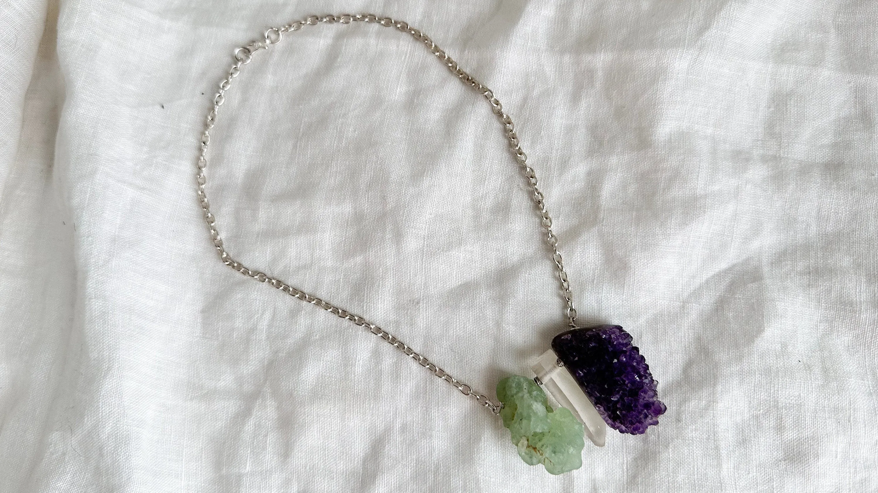 Amethyst Druzy, Prehnite & Quartz Crystal Necklace. Sterling Silver. Medicine Necklace. 1281.