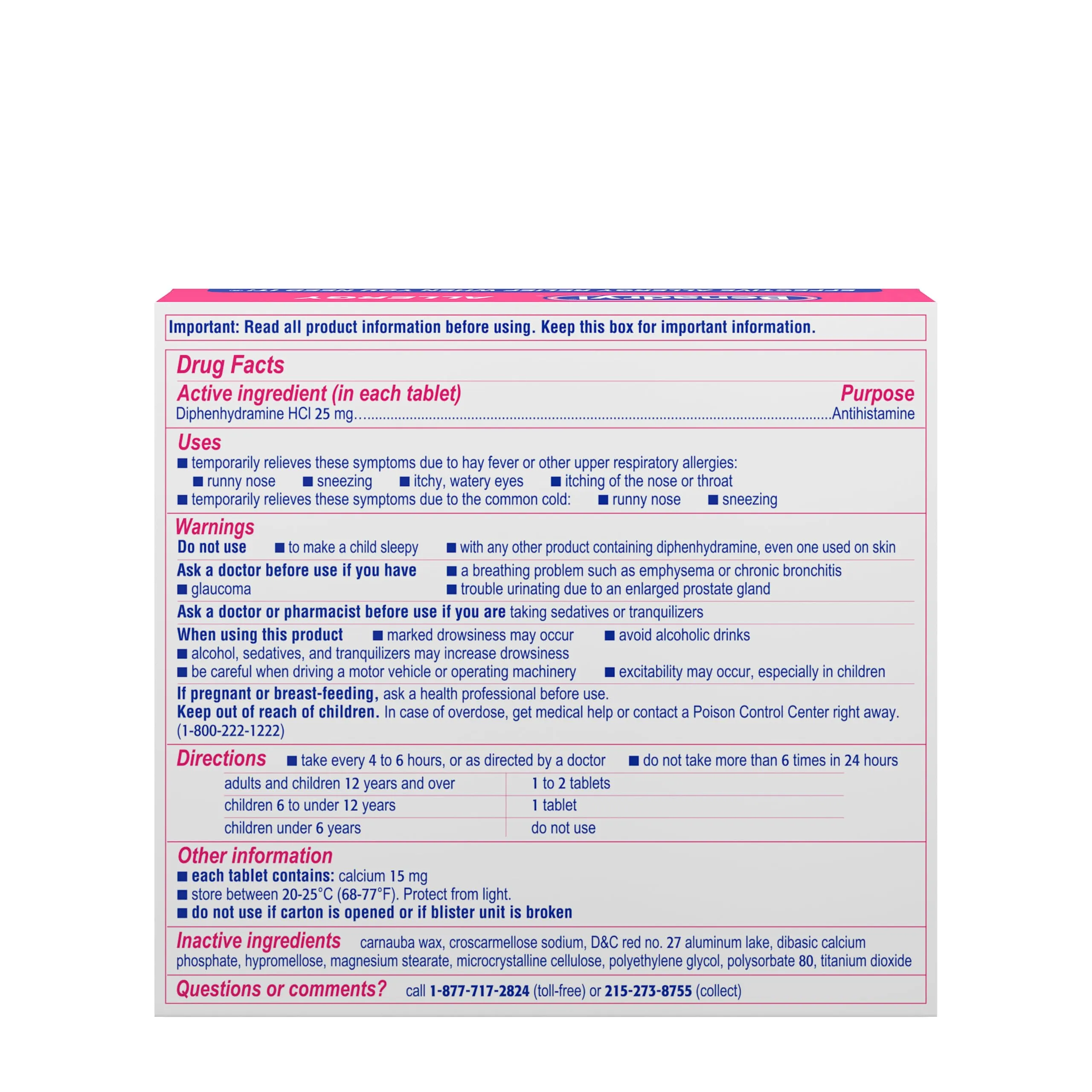 Benadryl Ultratabs Antihistamine Allergy Relief Medicine, 25 mg Diphenhydramine HCl Tablets for Relief of Cold & Allergy Symptoms Such as Sneezing, Runny Nose, & Itchy Eyes & Throat, 48 ct