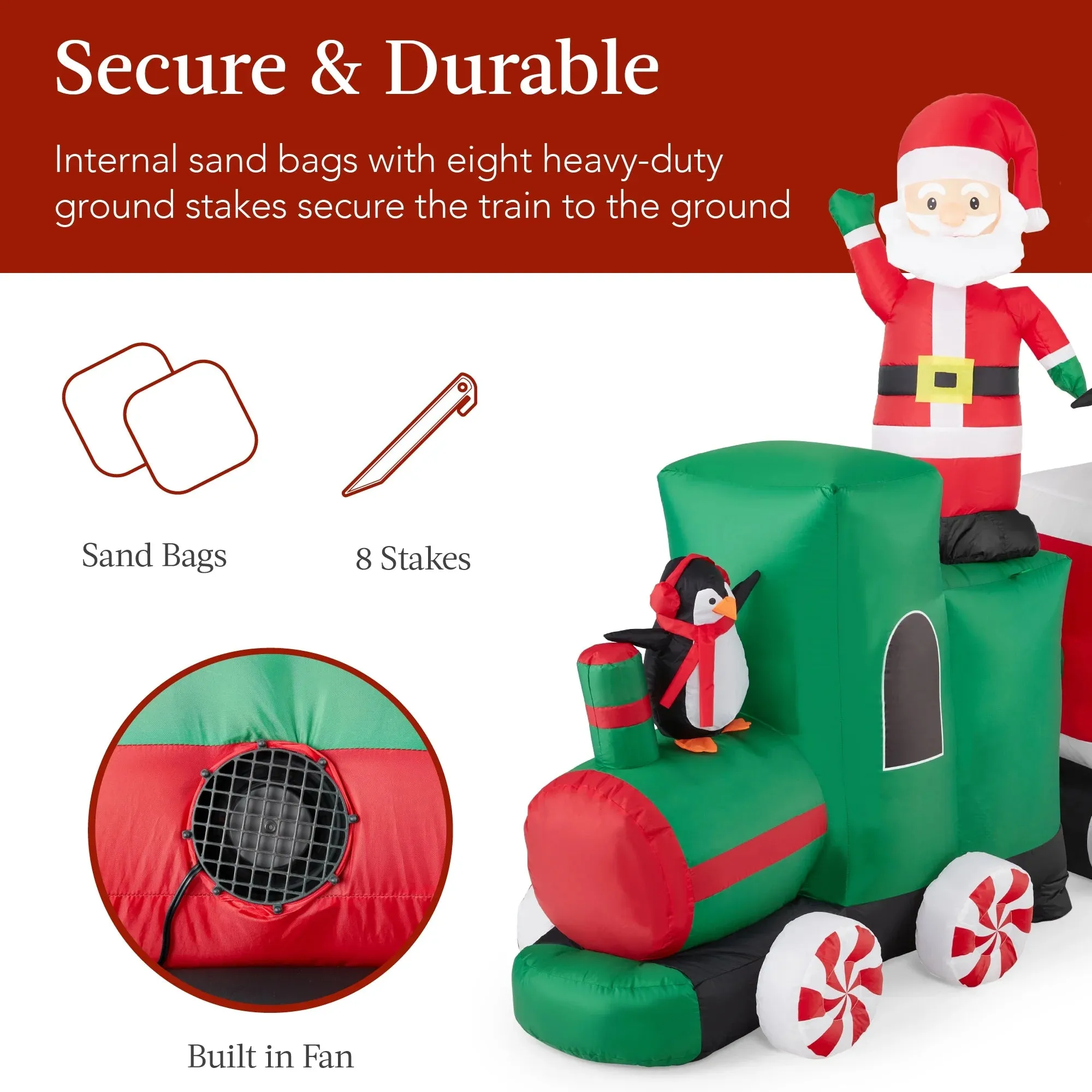 Best Choice Products 8.5 x 5ft Pre-Lit Inflatable Christmas Train & Animated Santa Claus w/ 10 LED Lights, Ground Stakes