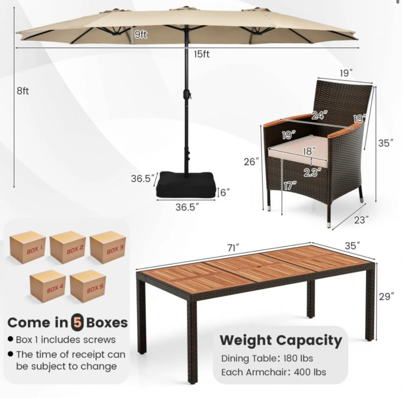 Heavy Duty Outdoor Patio 10-Piece Dining Set With 15 Feet Double-Sided Twin Patio Umbrella, Rustic Acadia Wood, Wicker, Rattan, Very Comfortable