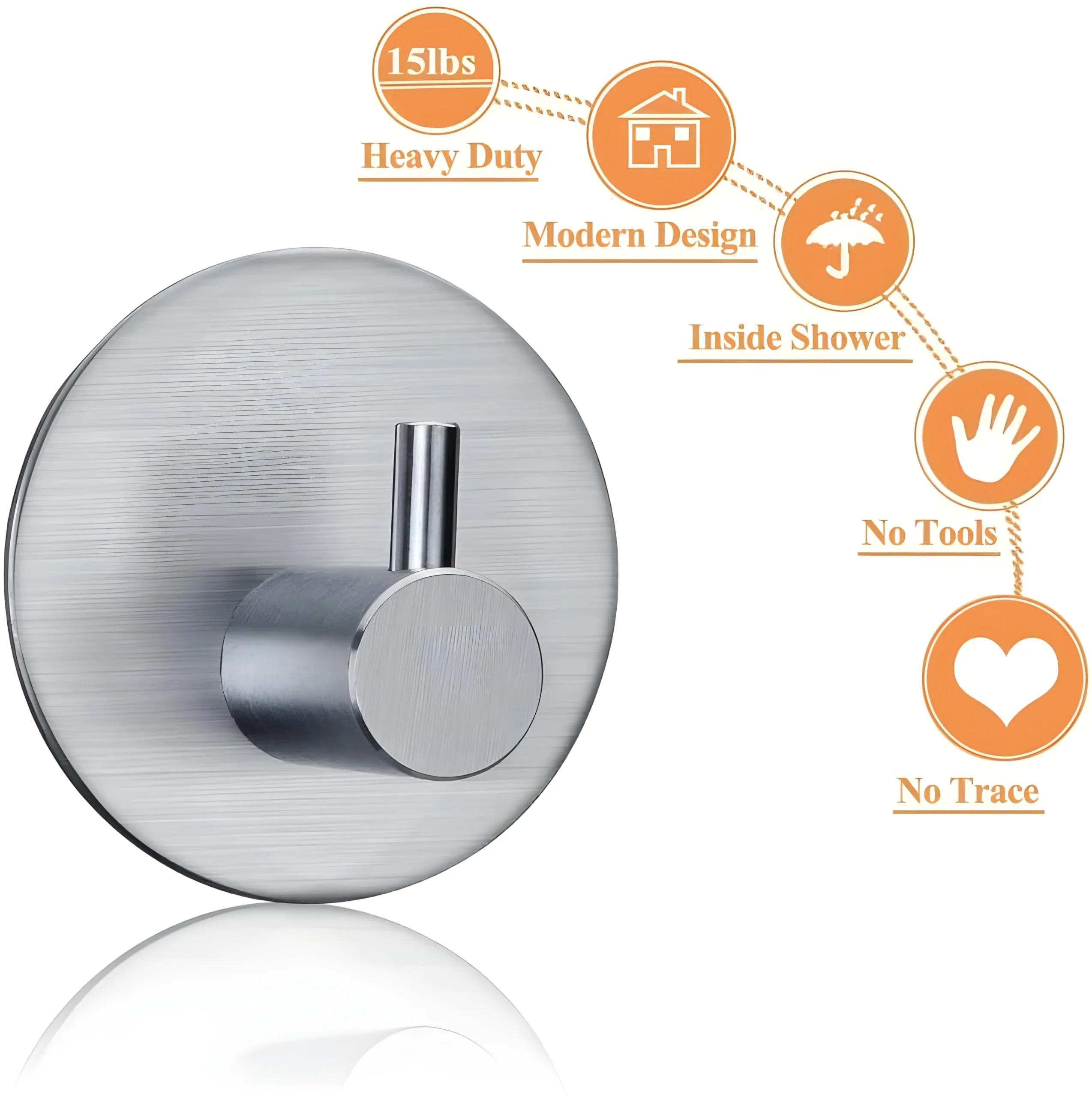 JIALTO 10 pcs Self-Adhesive Stainless Steel Hooks: Heavy-Duty Wall Hanging Solution Without Drilling - Waterproof Hooks for Bathroom and Kitchen Towels (Round Silver)