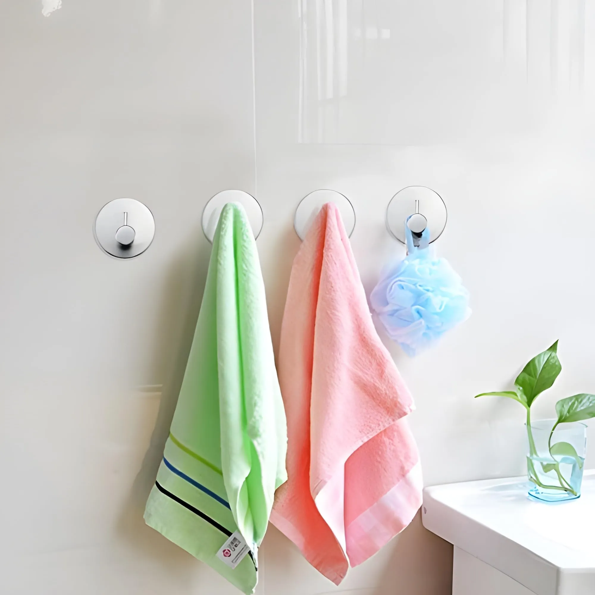 JIALTO 10 pcs Self-Adhesive Stainless Steel Hooks: Heavy-Duty Wall Hanging Solution Without Drilling - Waterproof Hooks for Bathroom and Kitchen Towels (Round Silver)