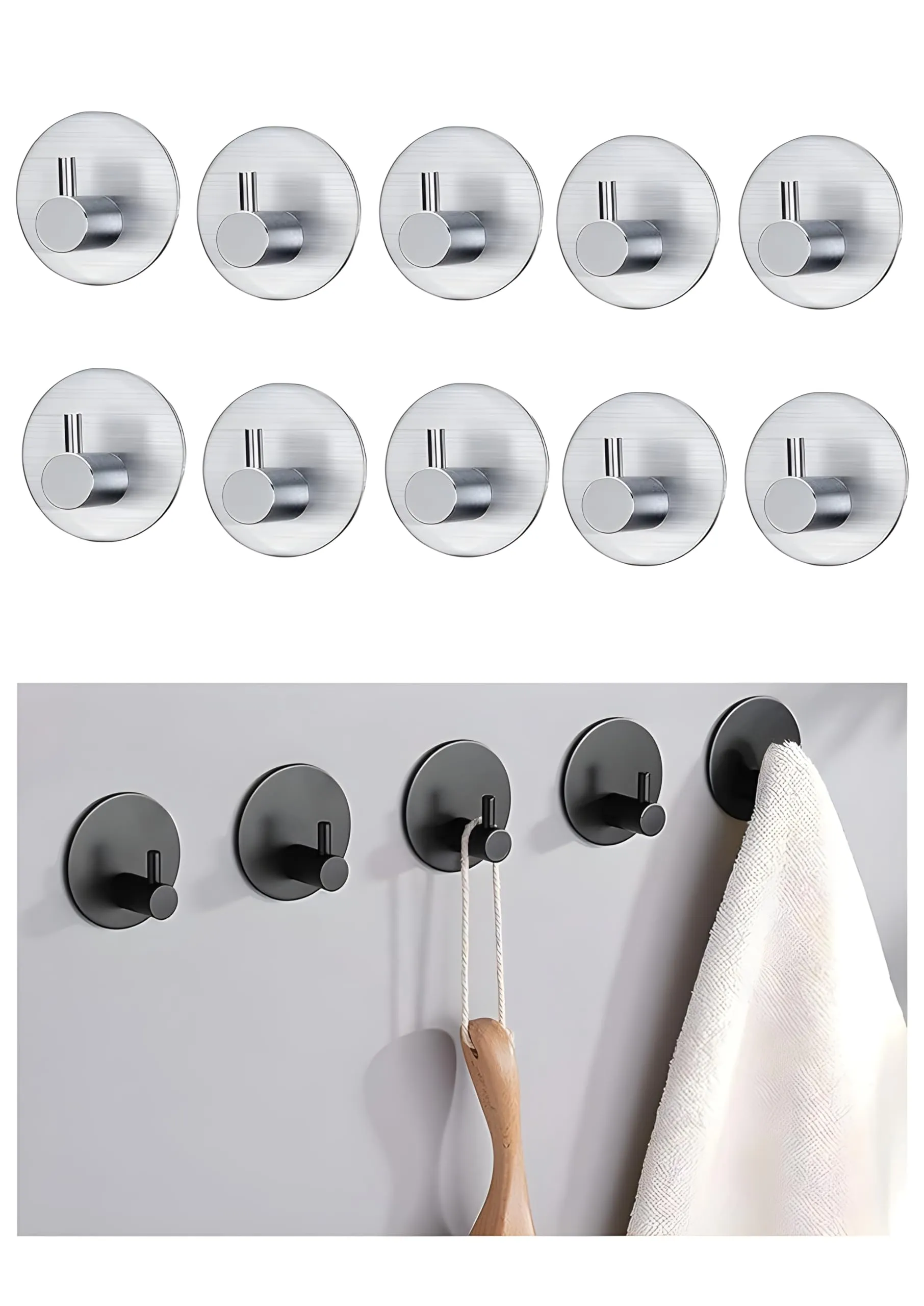 JIALTO 10 pcs Self-Adhesive Stainless Steel Hooks: Heavy-Duty Wall Hanging Solution Without Drilling - Waterproof Hooks for Bathroom and Kitchen Towels (Round Silver)