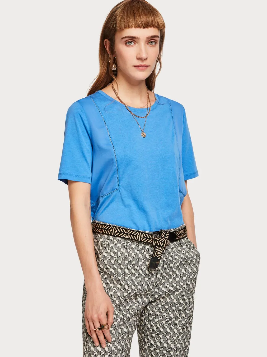 Mixed Woven and Jersey T-Shirt (Blue)