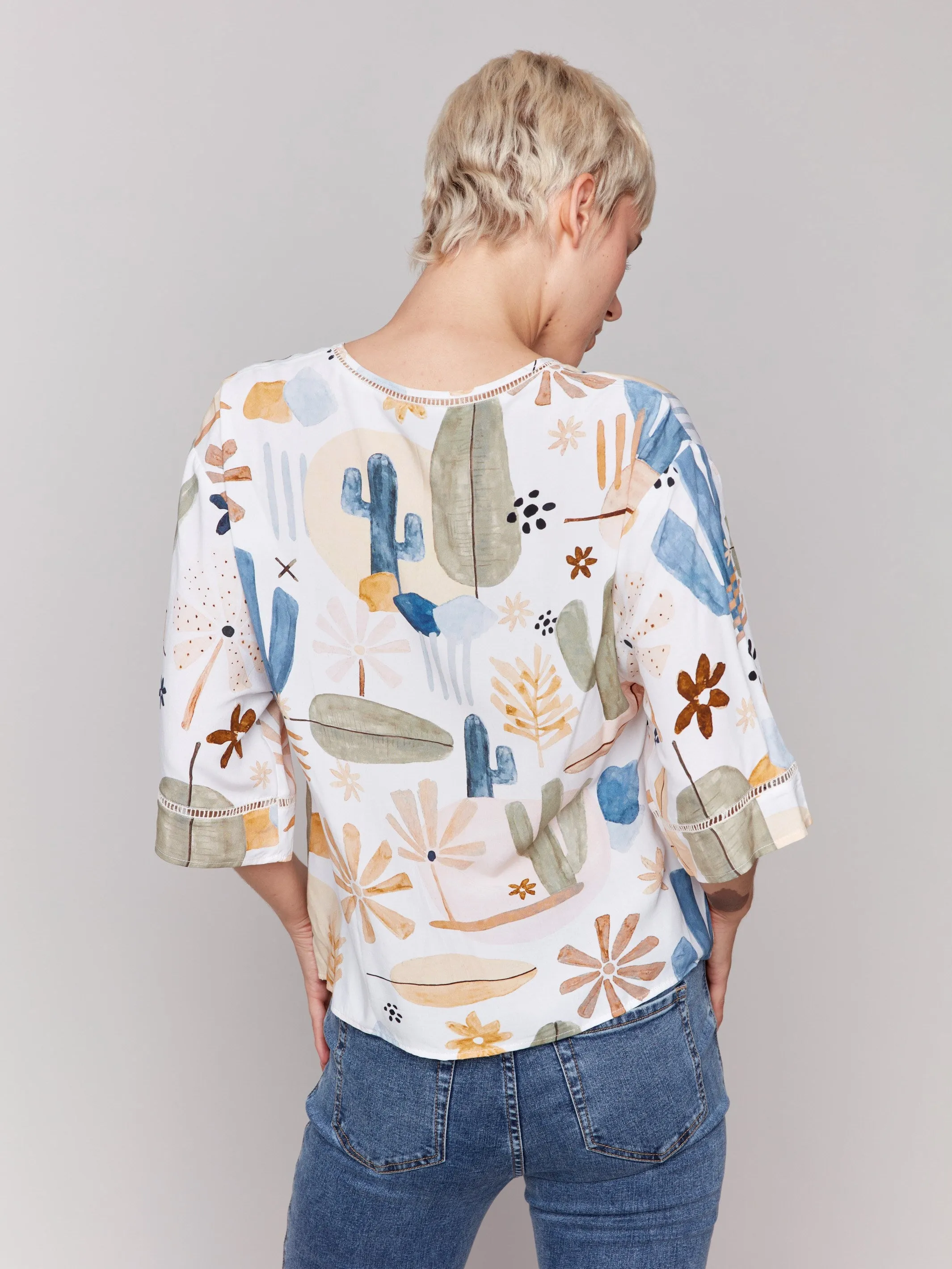Printed 3/4 Sleeve Blouse with Ladder Stitch Detail - Cactus