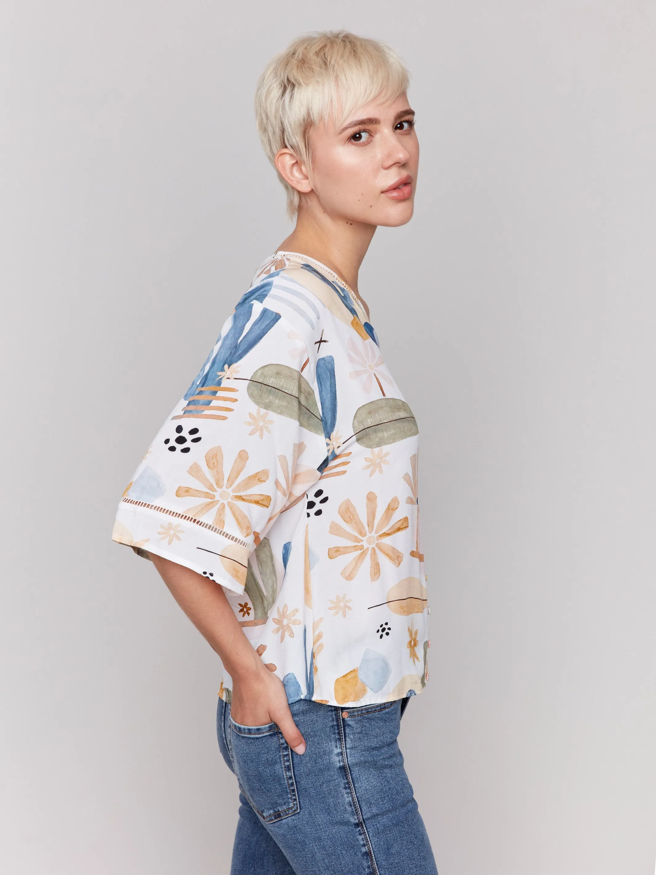 Printed 3/4 Sleeve Blouse with Ladder Stitch Detail - Cactus