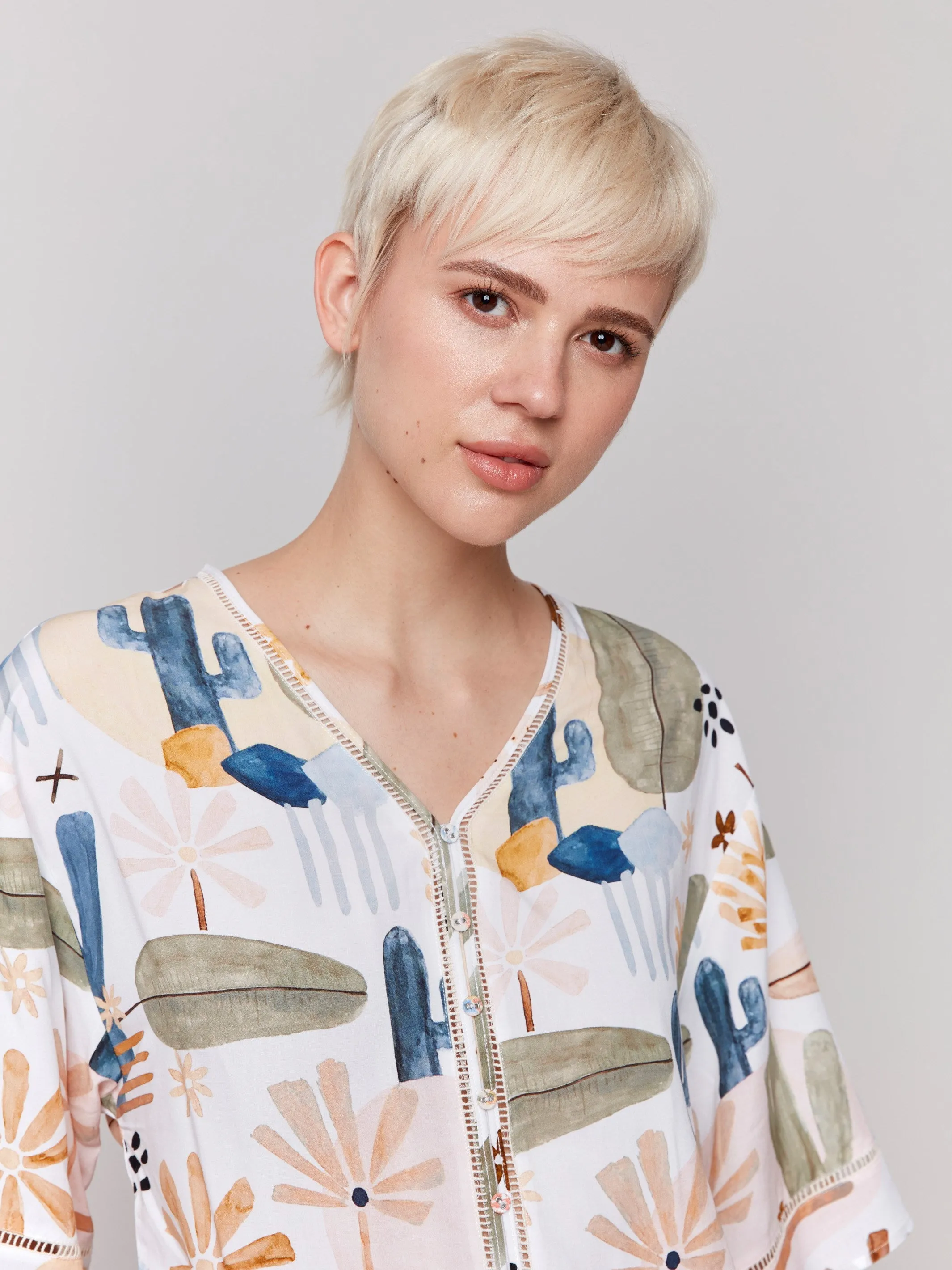 Printed 3/4 Sleeve Blouse with Ladder Stitch Detail - Cactus