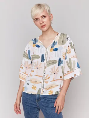 Printed 3/4 Sleeve Blouse with Ladder Stitch Detail - Cactus