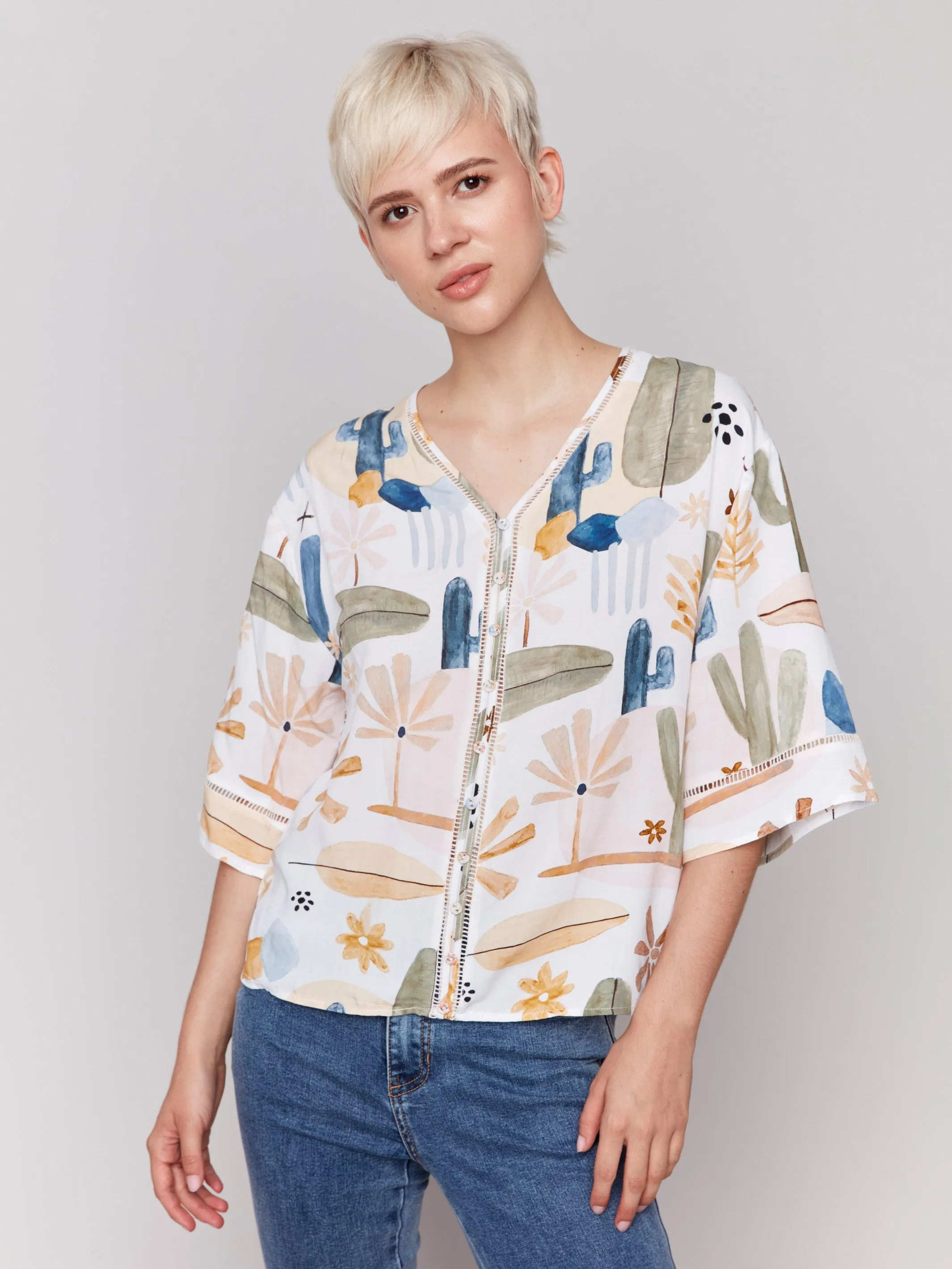 Printed 3/4 Sleeve Blouse with Ladder Stitch Detail - Cactus