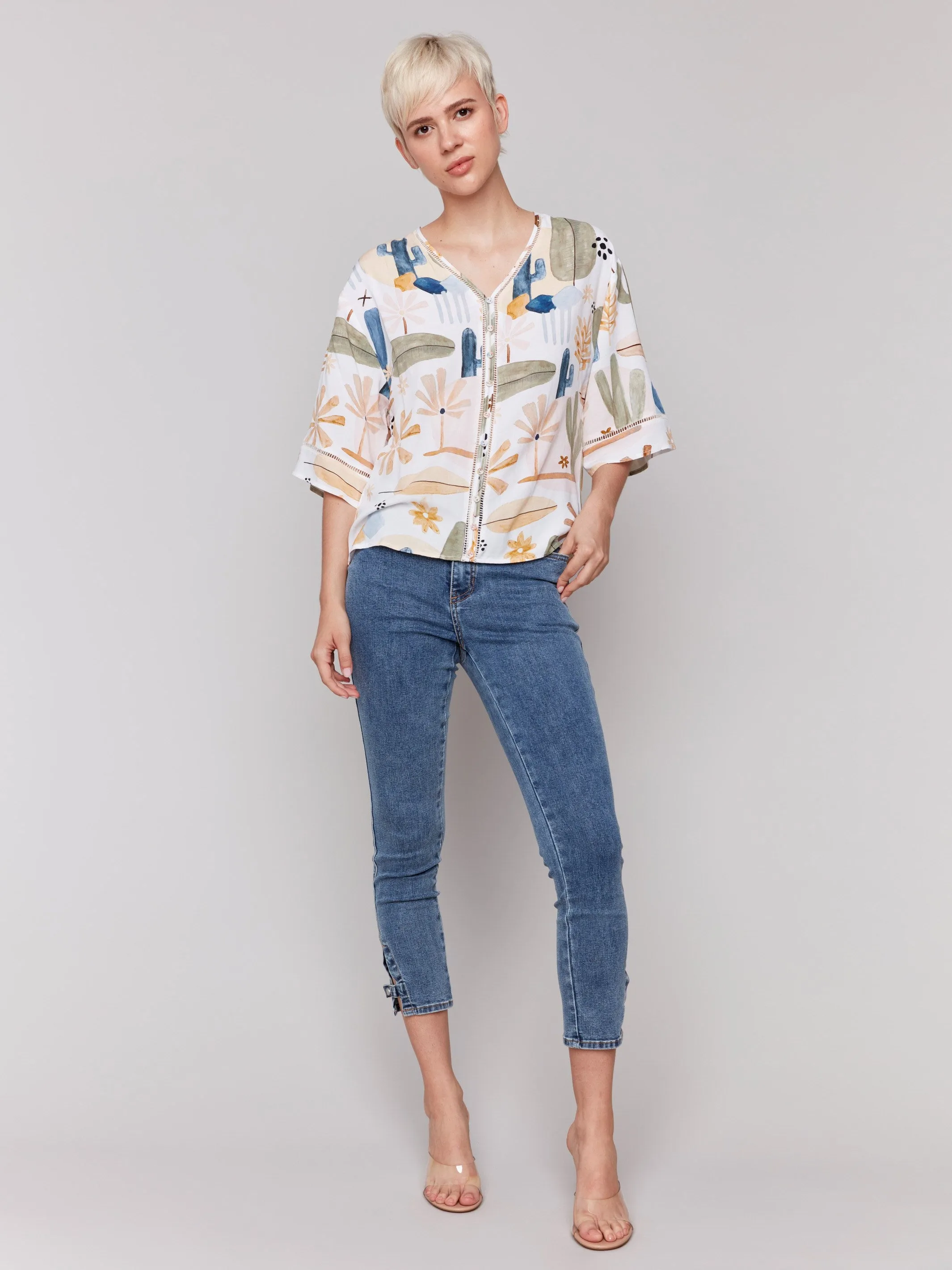 Printed 3/4 Sleeve Blouse with Ladder Stitch Detail - Cactus
